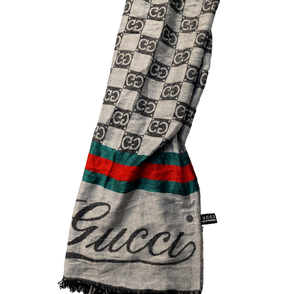 Gucci Black Gray GG Logo Print Red & Green Stripe Cashmere Silk Scarf Pre-owned - Picture 12 of 16